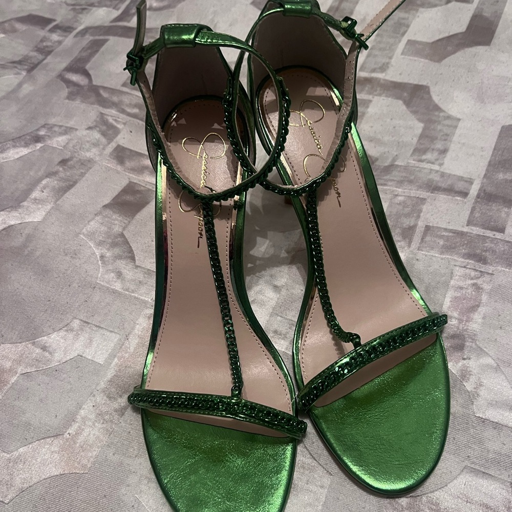 Jessica Simpson Metallic Green T-Strap Sandals